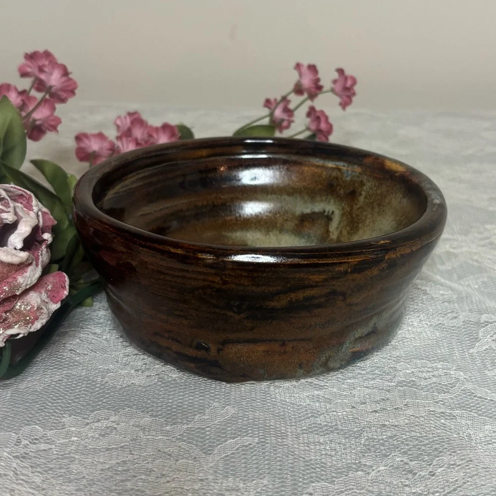 Handmade Pottery Bowl Vintage Artisan Handcrafted Signed Art Glazed Brown Tan